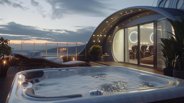 Photo a luxurious rooftop patio at sunset featuring a bubbling hot tub sleek modern furniture and panoramic views perfect for relaxation and leisure