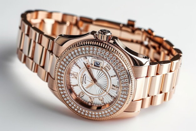 Luxurious rose gold watch with a diamondstudded bezel epitomizes timeless glamour and refinement