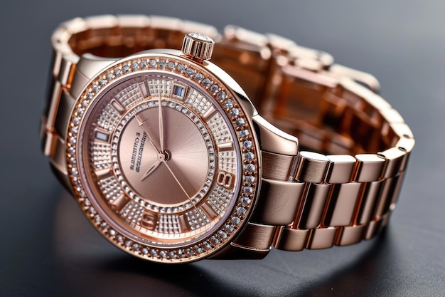 Luxurious rose gold watch with a diamondstudded bezel epitomizes timeless glamour and refinement