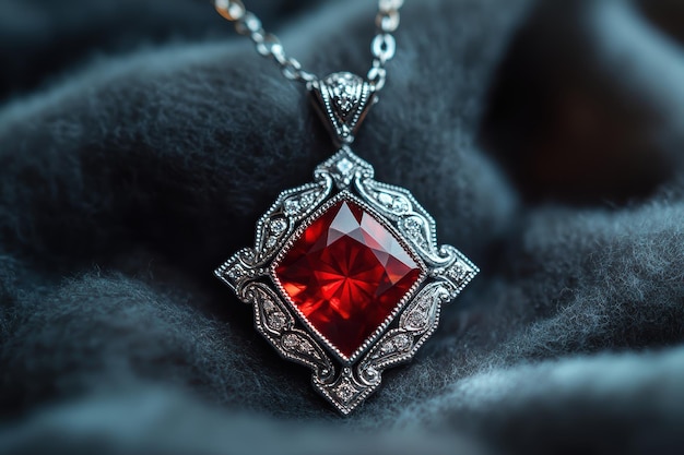 Luxurious ruby gemstone pendant with intricate silver setting and chain