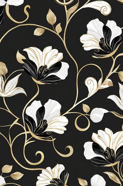 Photo luxurious seamless floral pattern with black gold and white accents generative ai