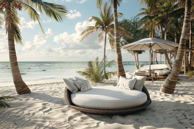 Photo luxurious seaside retreat with round sofa bed palm trees