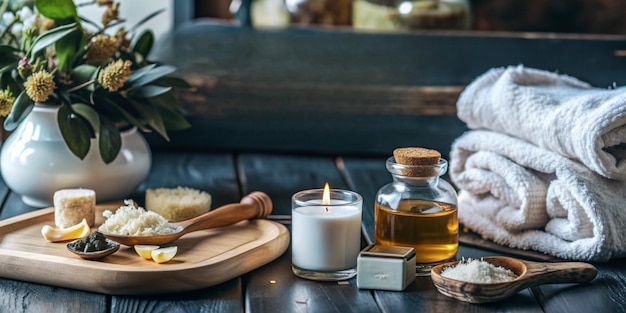 Photo luxurious selfcare retreat with candles and skincare essentials