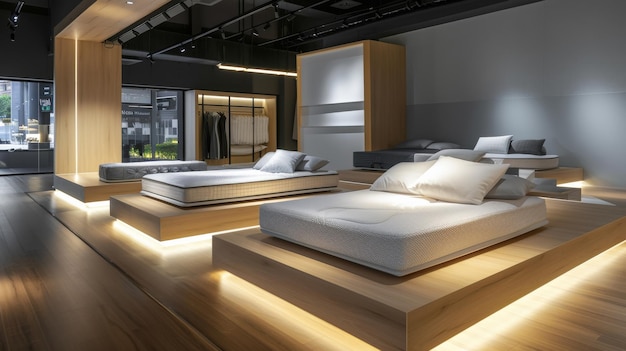 A luxurious showroom with neatly arranged illuminated mattresses on wooden platforms creating a warm and inviting atmosphere