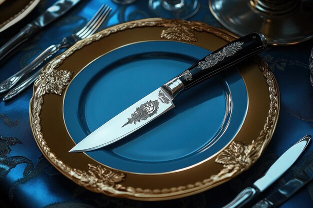 Photo luxurious silver knife lying on an elegant blue plate