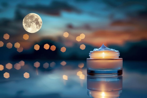 Photo luxurious skincare jar illuminated under night sky with a glowing moon