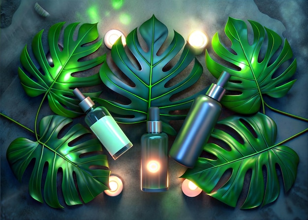 Luxurious Skincare Layout with Monstera Leaves and Warm Candlelight