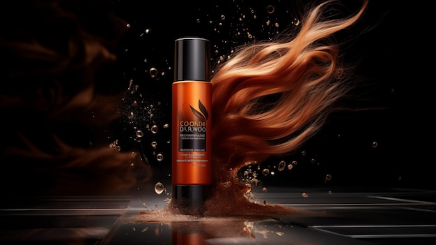 A luxurious skincare product bottle with a dark amber color surrounded by dried orange petals and a red flower on a dark background