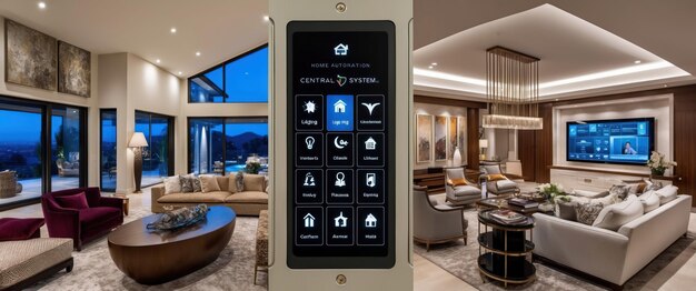 A luxurious smart living room featuring a state of the art home automation system