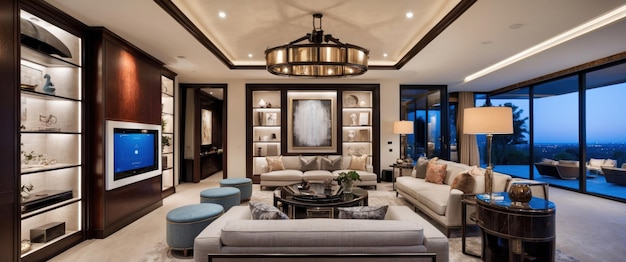 A luxurious smart living room featuring a state of the art home automation system