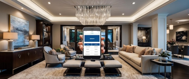 A luxurious smart living room featuring a state of the art home automation system