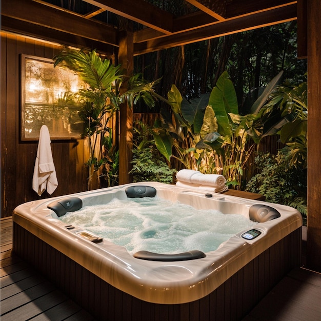 Photo a luxurious spa retreat with a private hot tub plush robes and ambient lighting in a serene natur