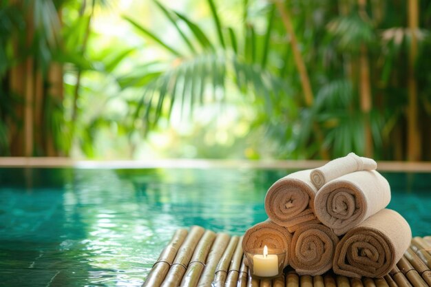 Luxurious Spa setting near pool on bamboo with oil bottle Generate Ai