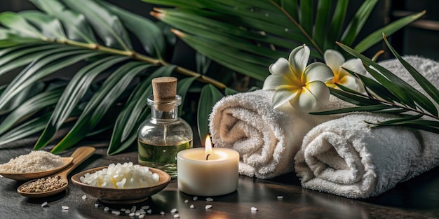 Photo luxurious spa setting relaxation and tranquility with candles towels and essential oils