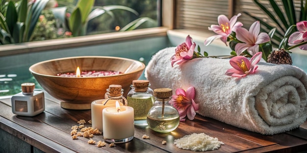 Photo luxurious spa setting relaxation and tranquility with candles towels and essential oils