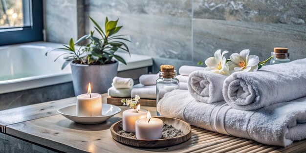 Photo luxurious spa setting relaxation and tranquility with candles towels and essential oils