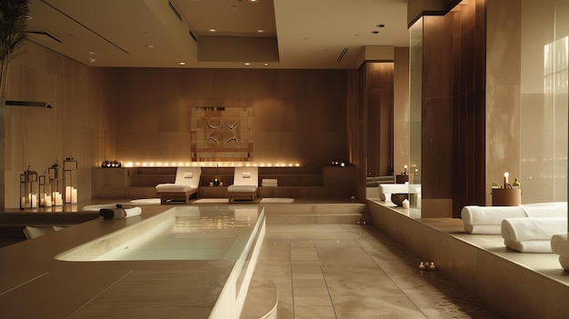 A luxurious spa with a large soaking pool two lounge chairs and a beautiful mosaic wall The