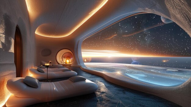 Luxurious Space Hotel with Saturn Ring Panorama ZeroGravity Observation Deck for Breathtaking Views