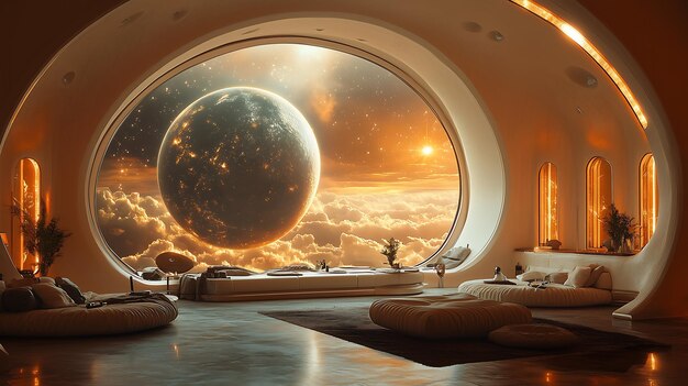 Photo luxurious space lounge with stunning planetary view