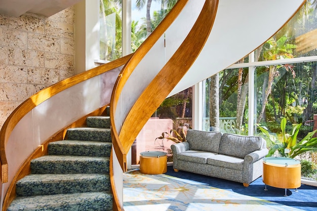 Luxurious Spiral Staircase and Lounge in Modern Interior