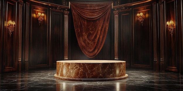 Photo a luxurious stone podium made of polished onyx set in a grand opulent room with rich dark wood