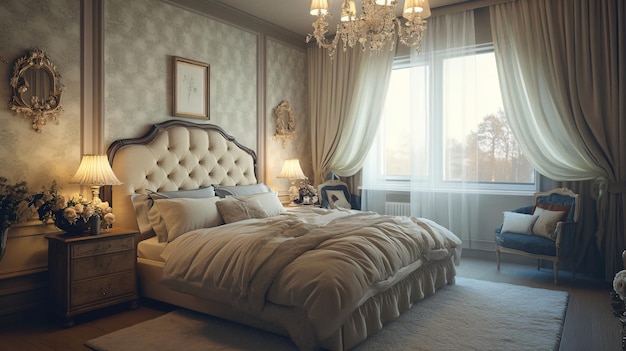 Photo luxurious stylish interior design with comfortable bed