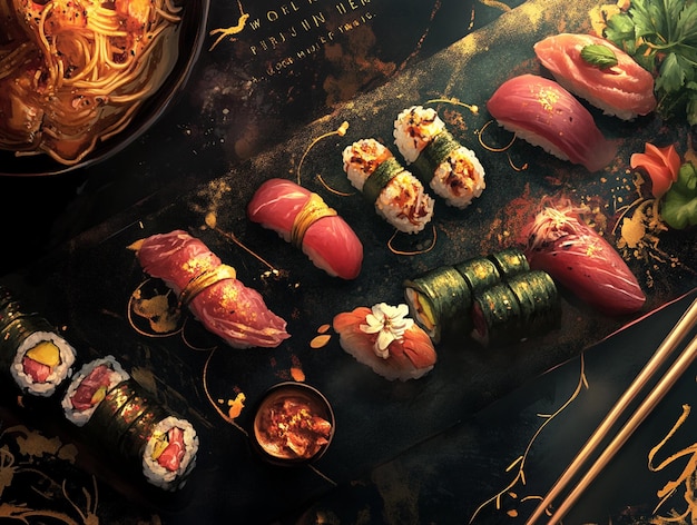 Photo luxurious sushi platter with gold accents