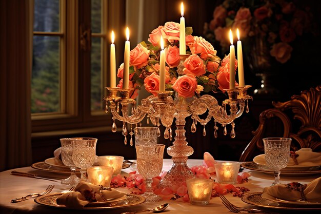 Luxurious table setting with flowers candles and elegant tableware for special occasions