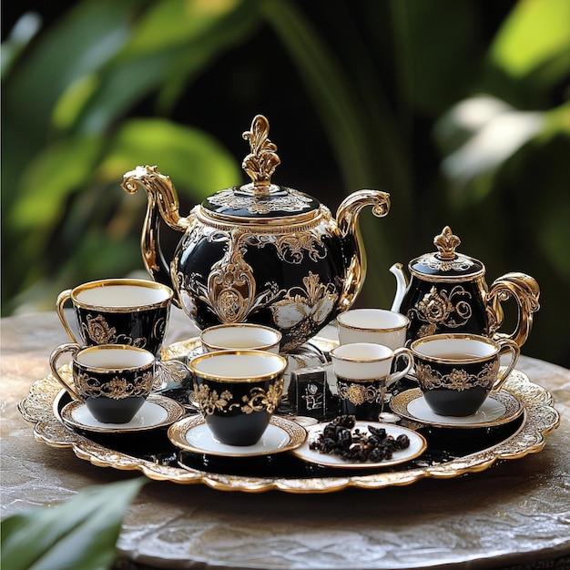 Photo a luxurious tea set with gold accents and a variety of teas