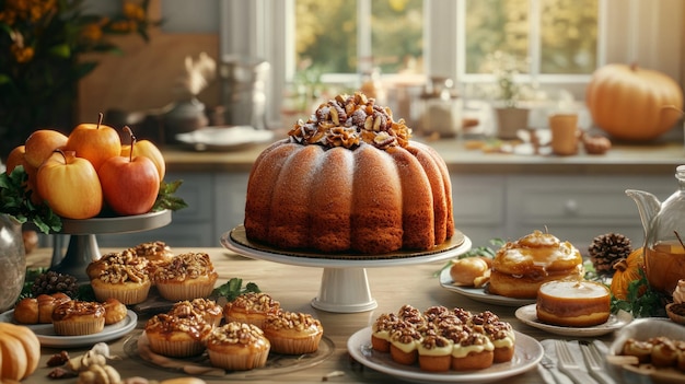 Photo a luxurious thanksgiving dessert table featuring a towering pumpkin spice cake and seasonal treats in a cozy kitchen