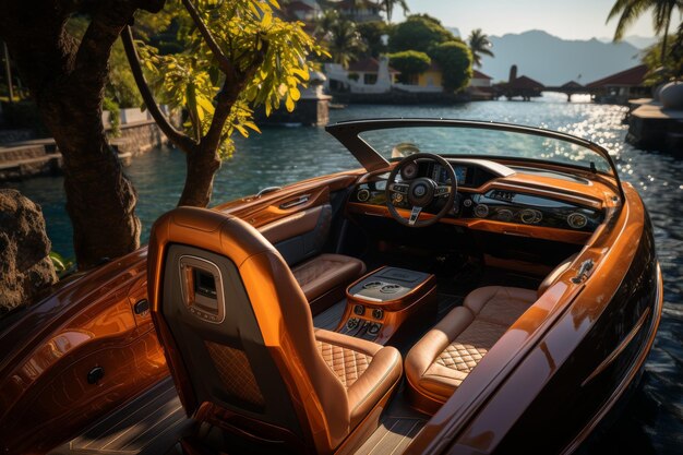 Photo luxurious top view speed boat fragment with wooden deck steering wheel travel concept