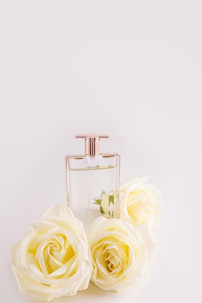 A luxurious transparent bottle of womens perfume or eau de toilette stands among the white roses Front view Presentation of the fragrance