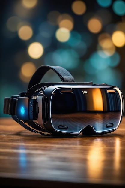 Photo luxurious ultrafashionable vr glasses lie on the table on a blurred bokeh background