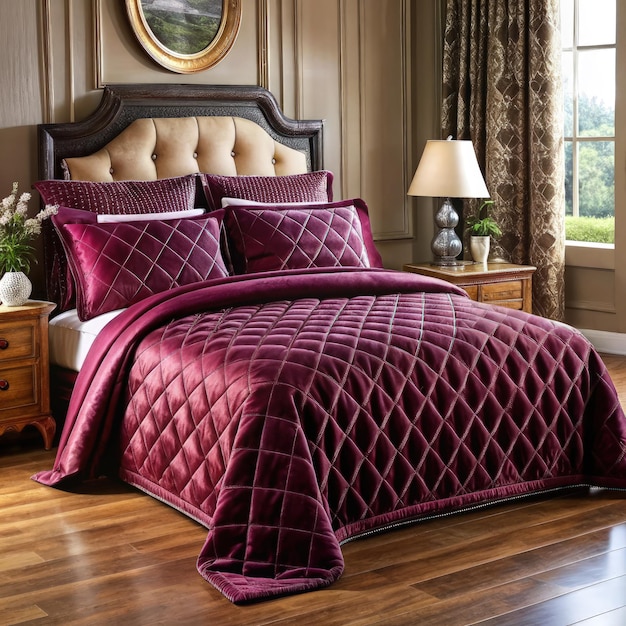 Photo luxurious velvet bedspread on a stylish wooden bed in a cozy bedroom generative ai