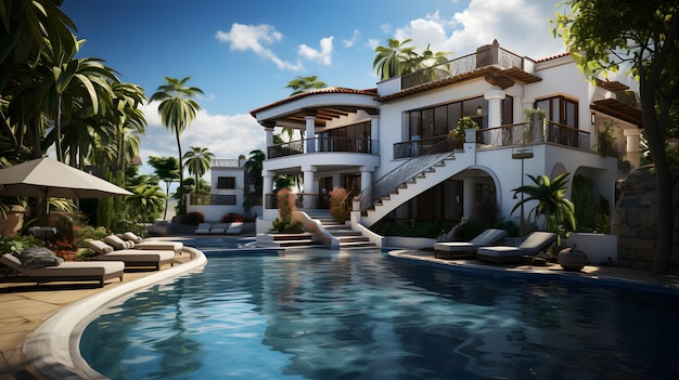 A luxurious villa flaunts a swimming pool epitomizing opulence