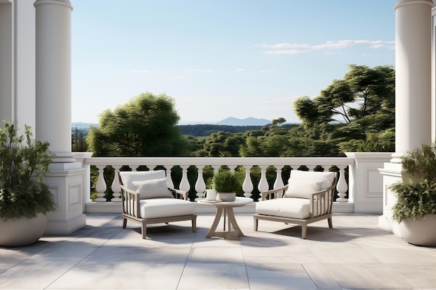 A luxurious villa terrace with summer chairs Generative Ai