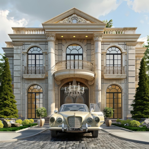 Photo luxurious vintage car parked in front of elegant mansion surrounded by lush greenery