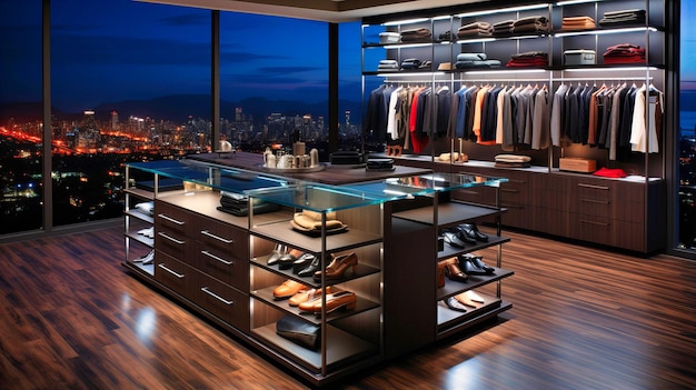 Luxurious Wardrobe Elegant Closet Interior with Fashionable Clothes Wood Accents and Stylish Lighting