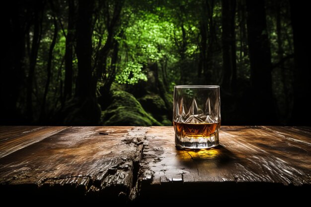 Luxurious Whiskey Decanter with a Glass of Expensive Spirit on a Sturdy Oak Table