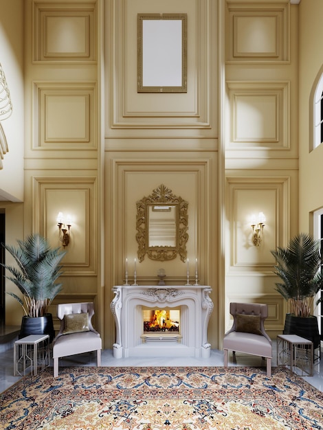 Luxurious white marble fireplace with a burning fire with two chairs in a yellow classic interior with high ceilings