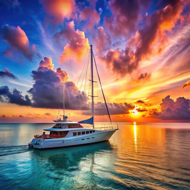 Photo a luxurious white yacht sails at sunset across calm waters with vibrant skies generative ai