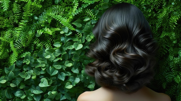 Luxurious womens glossy Hollywood curls against a green background