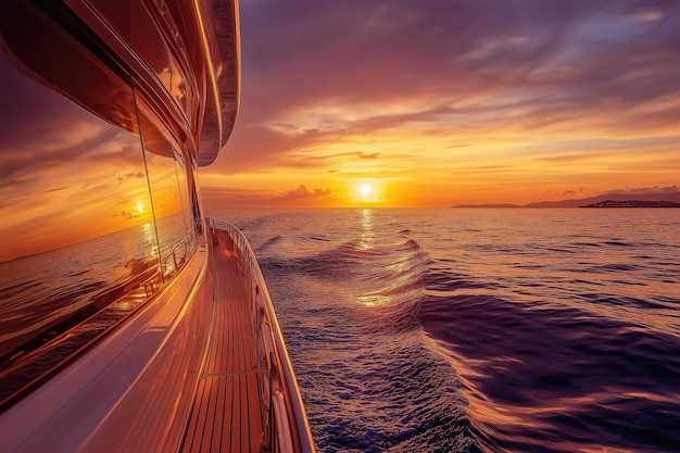 Photo luxurious yacht cruising towards a breathtaking sunset over calm ocean waters golden reflections