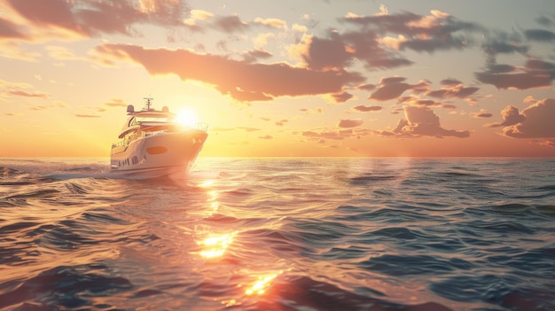 A luxurious yacht glides smoothly in the serene ocean at sunset casting a golden glow on the rippling water surface