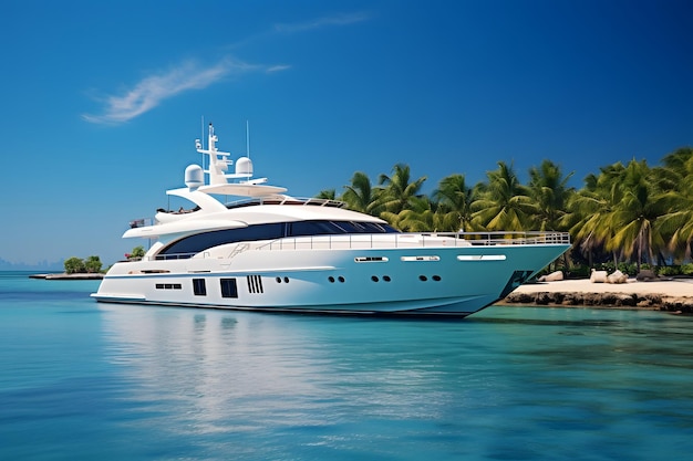 Luxurious yacht with a pristine swimming pool on the deck crystal clear water surrounded by comfor