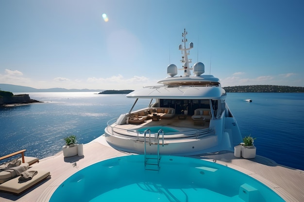 Luxurious yacht with a pristine swimming pool on the deck crystal clear water surrounded by comfor