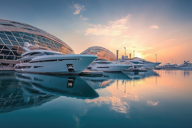 Photo luxurious yachts docked at yas marina during stunning sunset reflecting beautifully on calm waters modern architecture adds to serene atmosphere of this upscale marina