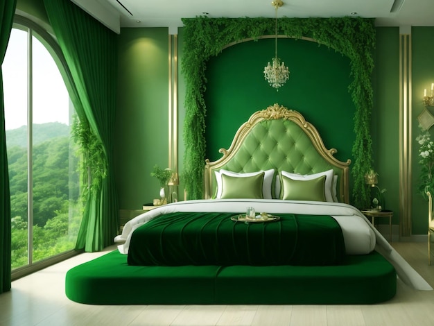 luxury 3d Green color Hotel bedroom and Amazing interior with a beautiful view