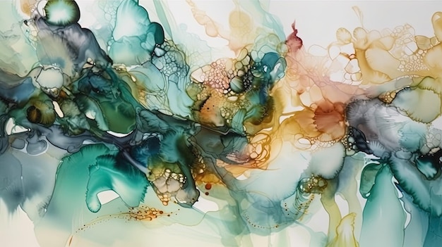 Luxury abstract fluid art painting in alcohol ink technique mixture of colorful Verdigris paints