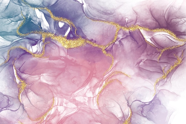 Luxury abstract fluid art painting background alcohol ink technique purple pink and gold